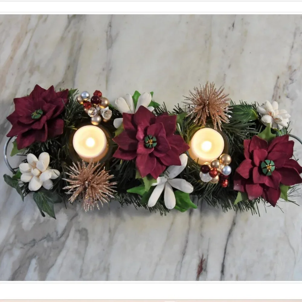 Festive Centerpiece! Galvanized metal tray w/burgundy Sola Poinsettia w/candles
